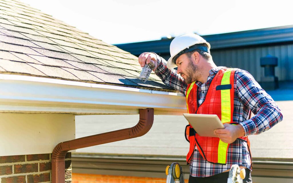 side view of a roof inspector looking at roof